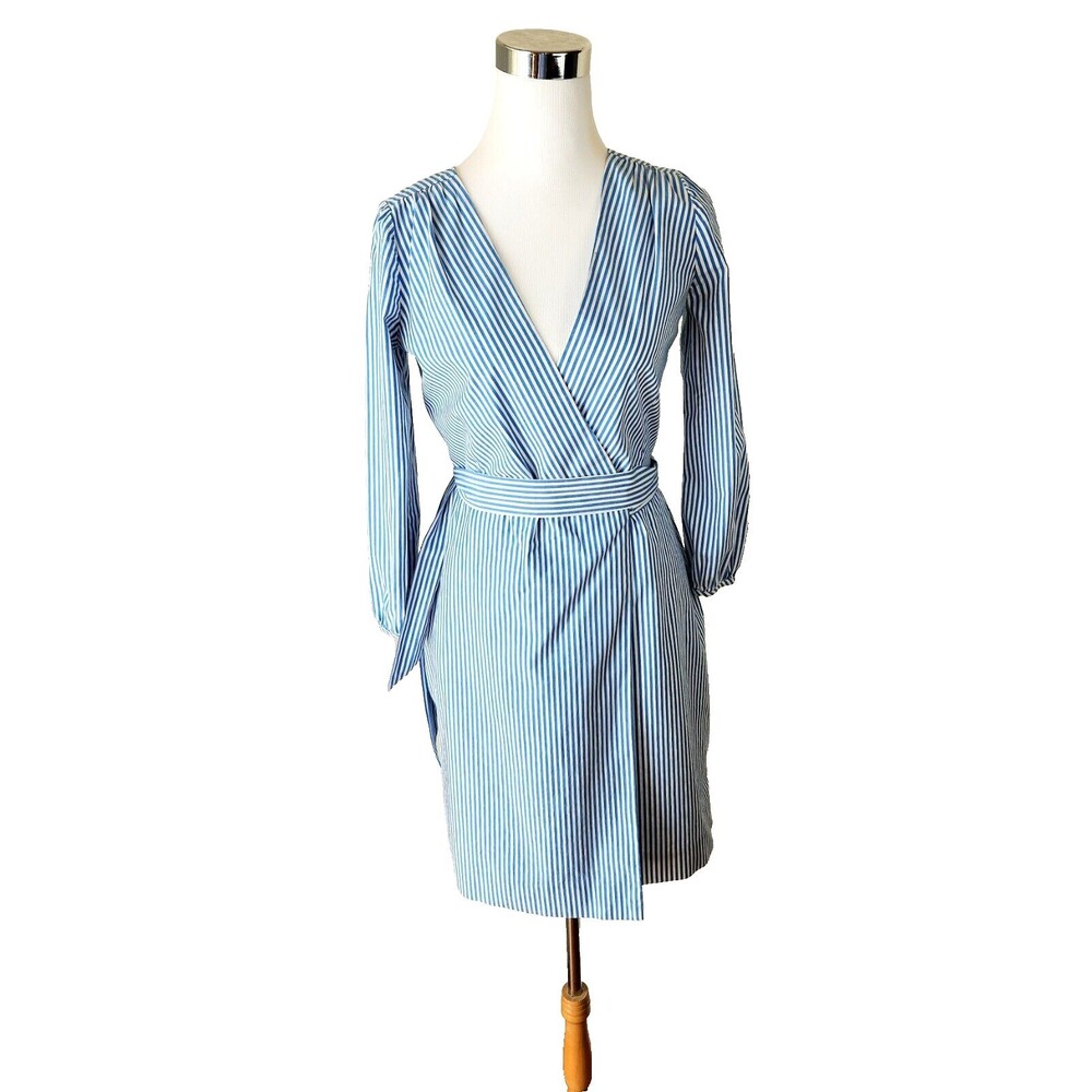 Preppy J. CREW Wrap Dress Sz. 00 / XXS White Blue Stripes Lined Normcore #04